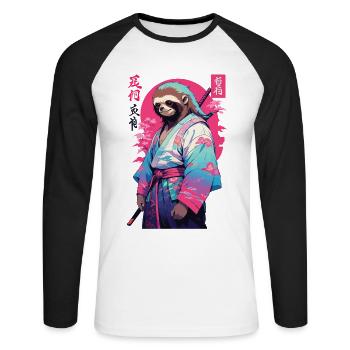Samurai Sloth Aesthetic Vaporwave Style - Unisex Long Sleeve Baseball T-Shirt - white/black - Front - Nik (191cm)