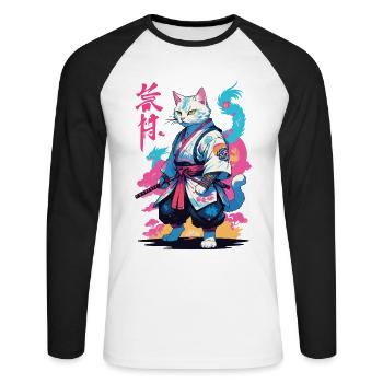 Samurai Cat Vaporwave Aesthetic Japan Art - Unisex Long Sleeve Baseball T-Shirt - white/black - Front - Nik (191cm)