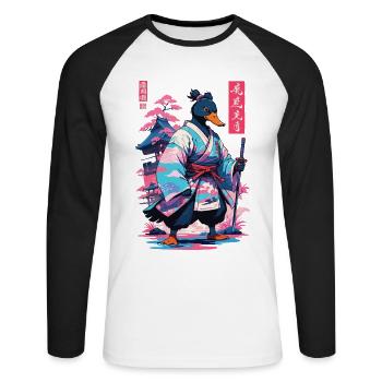 Samurai Duck Aesthetic Vaporwave Style Japanese - Unisex Long Sleeve Baseball T-Shirt - white/black - Front - Nik (191cm)