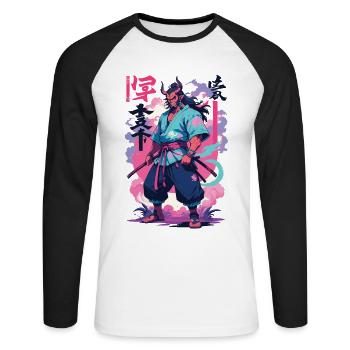 Samouraï Oni Yokai Esthétique Style Vaporwave - T-shirt baseball manches longues Homme - blanc/noir - Devant - Nik (191cm)