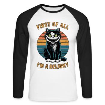 Zunächst einmal bin ich eine Freude Gruseliger Katzenhumor - Unisex Baseballshirt langarm - Weiß/Schwarz - Vorne - Nik (191cm)
