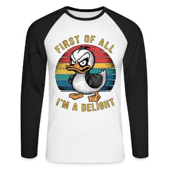 Zunächst einmal bin ich eine Freude Grimmiger Katzenhumor - Unisex Baseballshirt langarm - Weiß/Schwarz - Vorne - Nik (191cm)