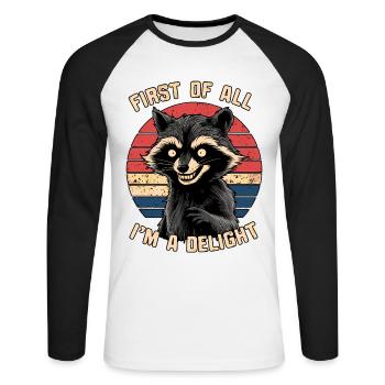 Zunächst einmal bin ich ein Genuss Lustiger Humor Waschbär - Unisex Baseballshirt langarm - Weiß/Schwarz - Vorne - Nik (191cm)