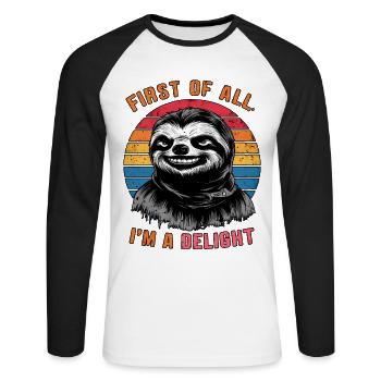 Zunächst einmal bin ich eine Freude Grimmiger Katzenhumor - Unisex Baseballshirt langarm - Weiß/Schwarz - Vorne - Nik (191cm)