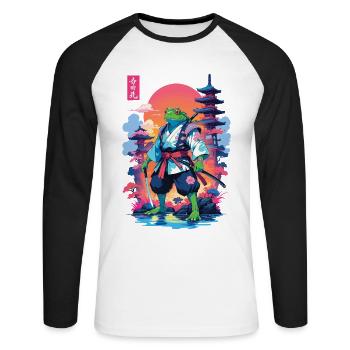 Grenouille samouraï et style esthétique Vaporwave - T-shirt baseball manches longues Homme - blanc/noir - Devant - Nik (191cm)