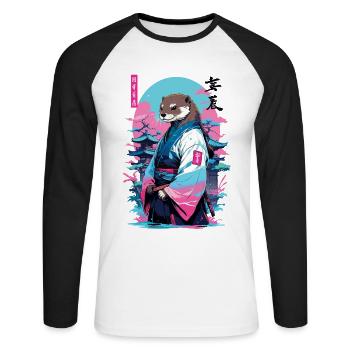 Esthétique samouraï loutre style Vaporwave - T-shirt baseball manches longues Homme - blanc/noir - Devant - Nik (191cm)