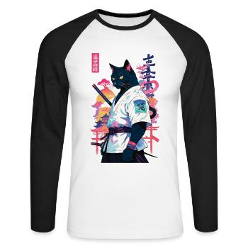 Samurai Cat Vaporwave Aesthetic Japan Art - Unisex Long Sleeve Baseball T-Shirt - white/black - Front - Nik (191cm)
