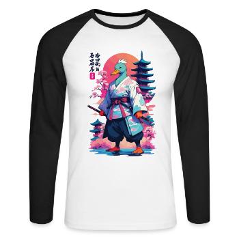 Samurai Duck in Aesthetic Vaporwave Style - Unisex Long Sleeve Baseball T-Shirt - white/black - Front - Nik (191cm)