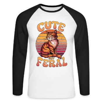 Niedliche, aber wilde Katze Retro Sonnenuntergang Lustiges Design - Unisex Baseballshirt langarm - Weiß/Schwarz - Vorne - Nik (191cm)