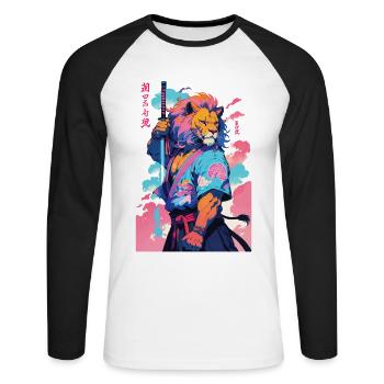 Samurai Löwe Aesthetic Vaporwave Stil - Unisex Baseballshirt langarm - Weiß/Schwarz - Vorne - Nik (191cm)