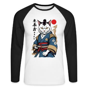 Samurai Cat Vintage Ukiyo-E Aesthetic Japan - Unisex Long Sleeve Baseball T-Shirt - white/black - Front - Nik (191cm)