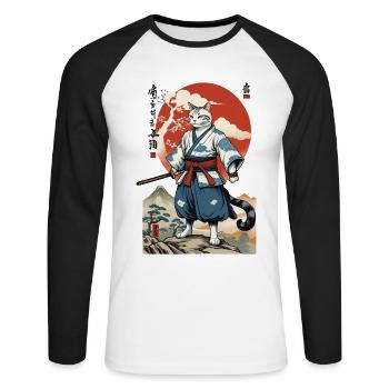 Samurai Cat Vintage Ukiyo-E Japanese - Unisex Long Sleeve Baseball T-Shirt - white/black - Front - Nik (191cm)