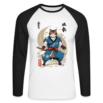 Samurai Cat Vintage Ukiyo-E Japanese - Unisex Long Sleeve Baseball T-Shirt - white/black - Front - Nik (191cm)