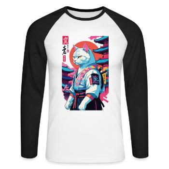Chat samouraï Vaporwave Esthétique Japon Art - T-shirt baseball manches longues Homme - blanc/noir - Devant - Nik (191cm)