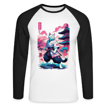 Chat samouraï Vaporwave Esthétique Japon Art - T-shirt baseball manches longues Homme - blanc/noir - Devant - Nik (191cm)