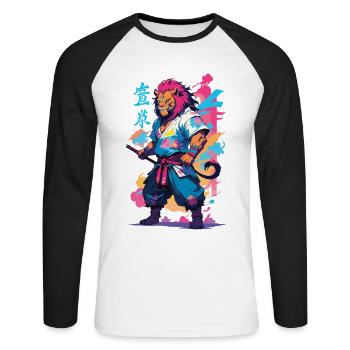 Samouraï Lion Esthétique Vaporwave Style Japon Design - T-shirt baseball manches longues Homme - blanc/noir - Devant - Nik (191cm)