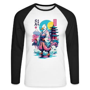 Samurai Duck Aesthetic Vaporwave Style Japanese - Unisex Long Sleeve Baseball T-Shirt - white/black - Front - Nik (191cm)