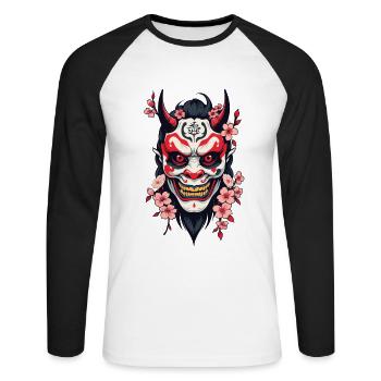 Oni Démon Masque Samouraï Esthétique Yokai - T-shirt baseball manches longues Homme - blanc/noir - Devant - Nik (191cm)