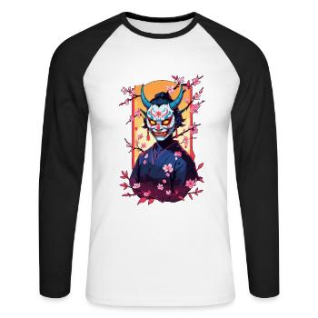 Oni Samouraï Vaporwave Esthétique Japon Culture - T-shirt baseball manches longues Homme - blanc/noir - Devant - Nik (191cm)