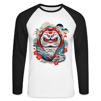 Japanese Daruma Aesthetic Yokai Vintage - Unisex Long Sleeve Baseball T-Shirt - white/black - Front - Nik (191cm)