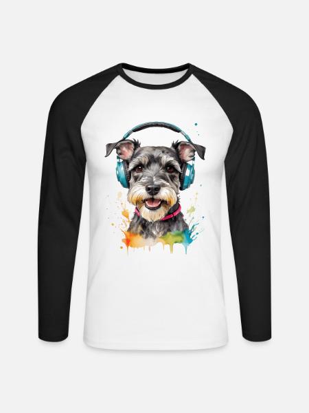 Miniature Schnauzer Headphones Dog Funny Design Print - Unisex Long Sleeve Baseball T-Shirt - white/black