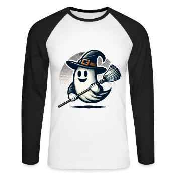lustiger Halloween Hexen Geist mit Hexenbesen - Unisex Baseballshirt langarm - Weiß/Schwarz - Vorne - Nik (191cm)