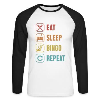 Eat Sleep Bingo Repeat Daubers Professional - Unisex Long Sleeve Baseball T-Shirt - white/black - Front - Nik (191cm)
