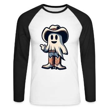 Drôle Cowboy Ghost Hunter Chapeau Bottes Halloween - T-shirt baseball manches longues Homme - blanc/noir - Devant - Nik (191cm)