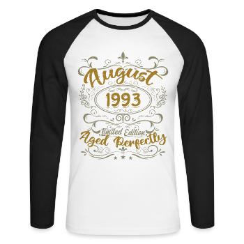Août 1993 Août Cadeau Anniversaire 1993 Août 1993 - T-shirt baseball manches longues Homme - blanc/noir - Devant - Nik (191cm)