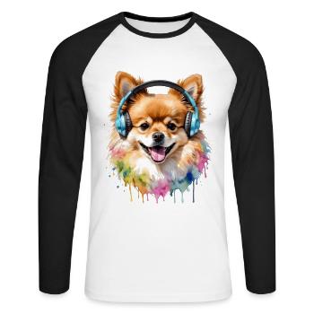 Casque de Poméranie Chien Imprimer - T-shirt baseball manches longues Homme - blanc/noir - Devant - Nik (191cm)