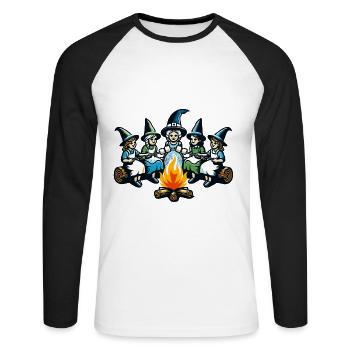 Camping feu de camp Vintage sorcières Design - T-shirt baseball manches longues Homme - blanc/noir - Devant - Nik (191cm)