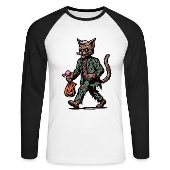 Chat zombie mort-vivant Halloween - T-shirt baseball manches longues Homme - blanc/noir - Devant - Nik (191cm)