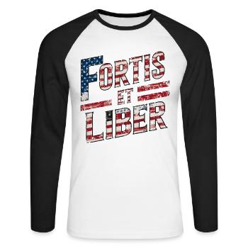Amerikanische Flagge Fortis et Liber Patriotische Phrase - Unisex Baseballshirt langarm - Weiß/Schwarz - Vorne - Nik (191cm)