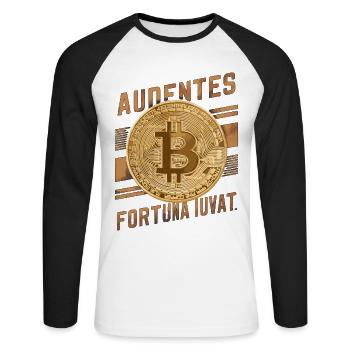 Bitcoin Audentes Fortuna Iuvat Crypto Digital - T-shirt baseball manches longues Homme - blanc/noir - Devant - Nik (191cm)