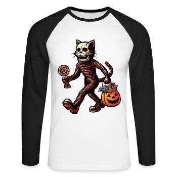 Chat zombie mort-vivant Halloween - T-shirt baseball manches longues Homme - blanc/noir - Devant - Nik (191cm)