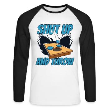 Shut Up And Throw Boards Bean Bag Game - Unisex Long Sleeve Baseball T-Shirt - white/black - Front - Nik (191cm)