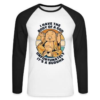 J’ai le corps d’une statue de symbole bouddhiste de Dieu - T-shirt baseball manches longues Homme - blanc/noir - Devant - Nik (191cm)