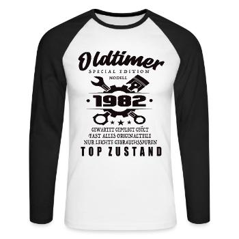 Voiture classique édition spéciale modèle 1982 anniversaire - T-shirt baseball manches longues Homme - blanc/noir - Devant - Nik (191cm)