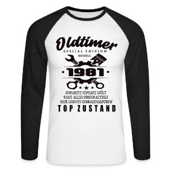Oldtimer Special Edition Modell 1981 Geburtstag - Unisex Baseballshirt langarm - Weiß/Schwarz - Vorne - Nik (191cm)