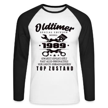 Oldtimer Special Edition Model 1989 Birthday - Unisex Long Sleeve Baseball T-Shirt - white/black - Front - Nik (191cm)