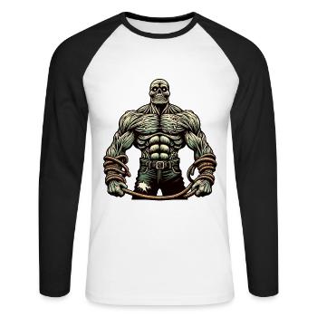 Muskulöser Bodybuilder Halloween Kostüm Deko - Unisex Baseballshirt langarm - Weiß/Schwarz - Vorne - Nik (191cm)