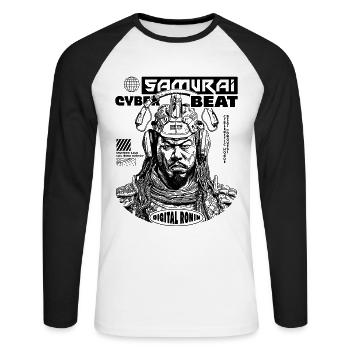 Samurai Techno T-Shirt für Anime-Fans - Unisex Baseballshirt langarm - Weiß/Schwarz - Vorne - Nik (191cm)
