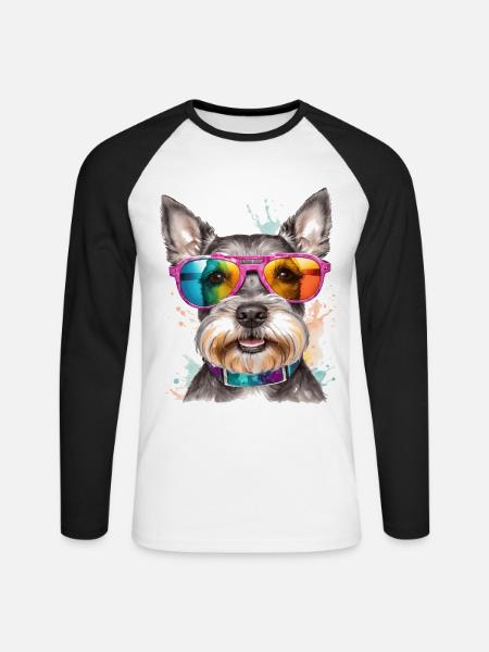 Dværg Schnauzer solbriller Hund sjovt dyreprint - Langærmet herre-baseballshirt - hvid/sort