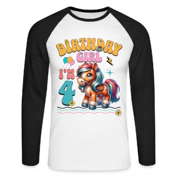 Pony 4. Geburtstag Mädchen Pferd Reiten - Unisex Baseballshirt langarm - Weiß/Schwarz - Vorne - Nik (191cm)