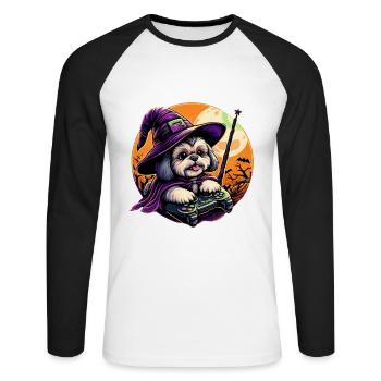 Süßer Shih Tzu Hund Gamer Zauberer für Halloween - Unisex Baseballshirt langarm - Weiß/Schwarz - Vorne - Nik (191cm)