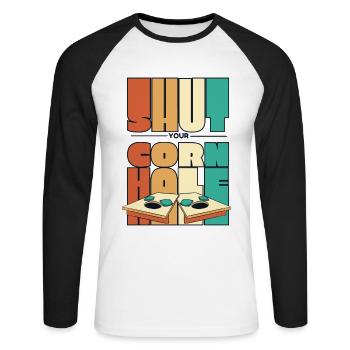 Halt deine Cornhole Spielbretter Sitzsack Cornhole - Unisex Baseballshirt langarm - Weiß/Schwarz - Vorne - Nik (191cm)