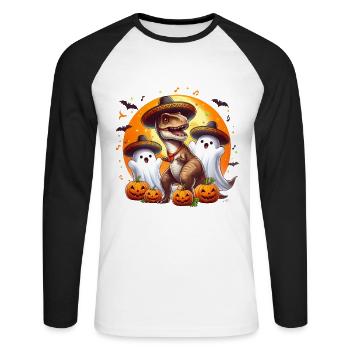 Halloween T-rex ghosts Mariachi Day of the Dead - Unisex Long Sleeve Baseball T-Shirt - white/black - Front - Nik (191cm)