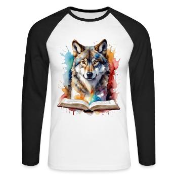 Wolf Lesen Buch Bunt Tier Design Print - Unisex Baseballshirt langarm - Weiß/Schwarz - Vorne - Nik (191cm)