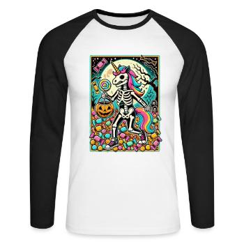 Lustiges Einhorn Skelett Liebt Süßigkeiten - Unisex Baseballshirt langarm - Weiß/Schwarz - Vorne - Nik (191cm)