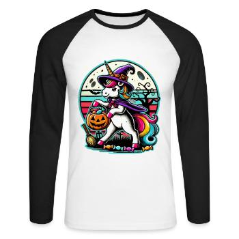 Truc ou friandise d'Halloween drôle de licorne de sorcière - T-shirt baseball manches longues Homme - blanc/noir - Devant - Nik (191cm)
